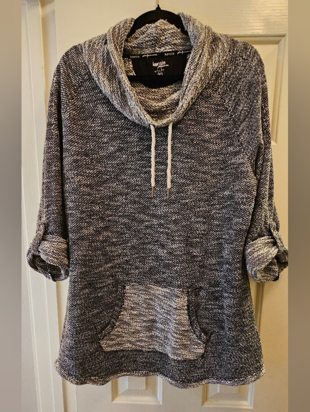 Kensie Black and White Marled Cowl Pullover Sweater